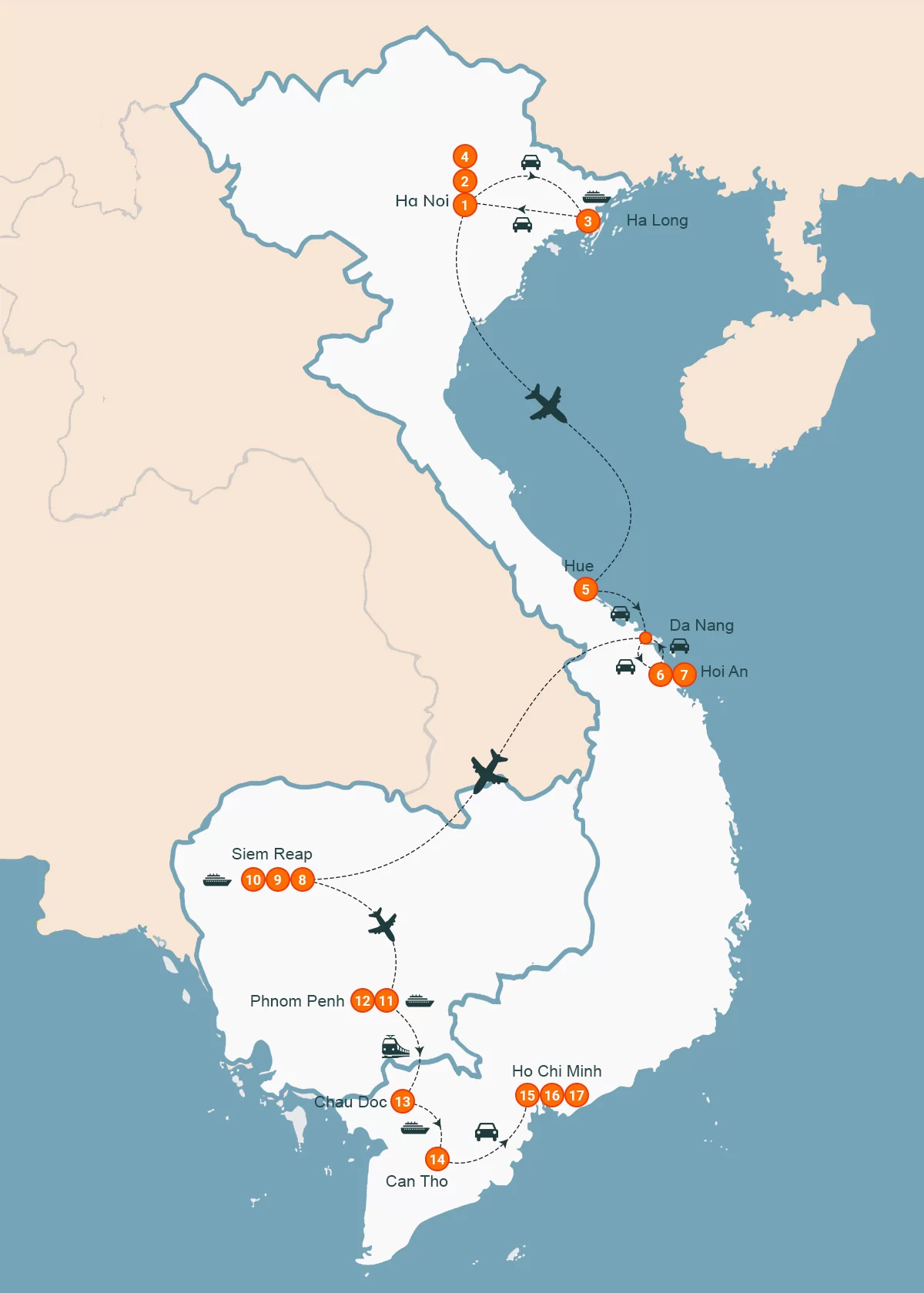 map Combiné Vietnam et Cambodge 17 Jours