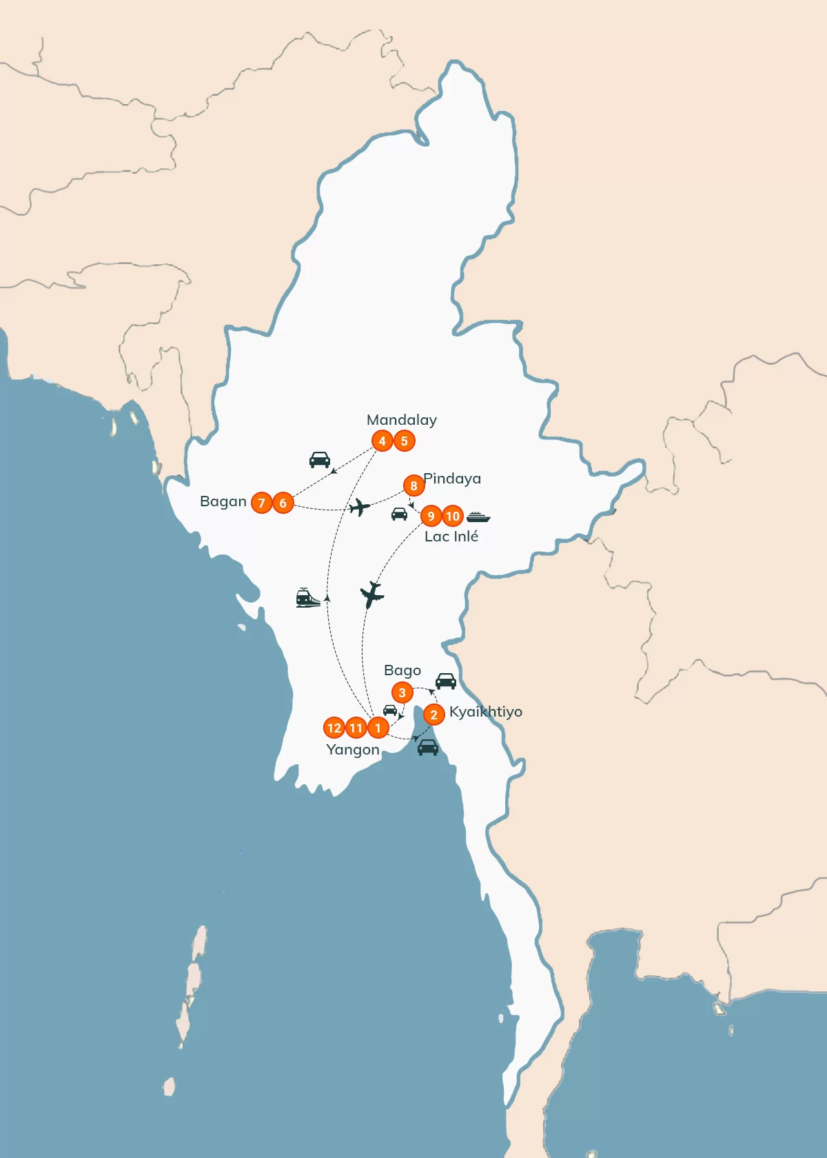 map Le Myanmar Haut en Couleur 12 Jours