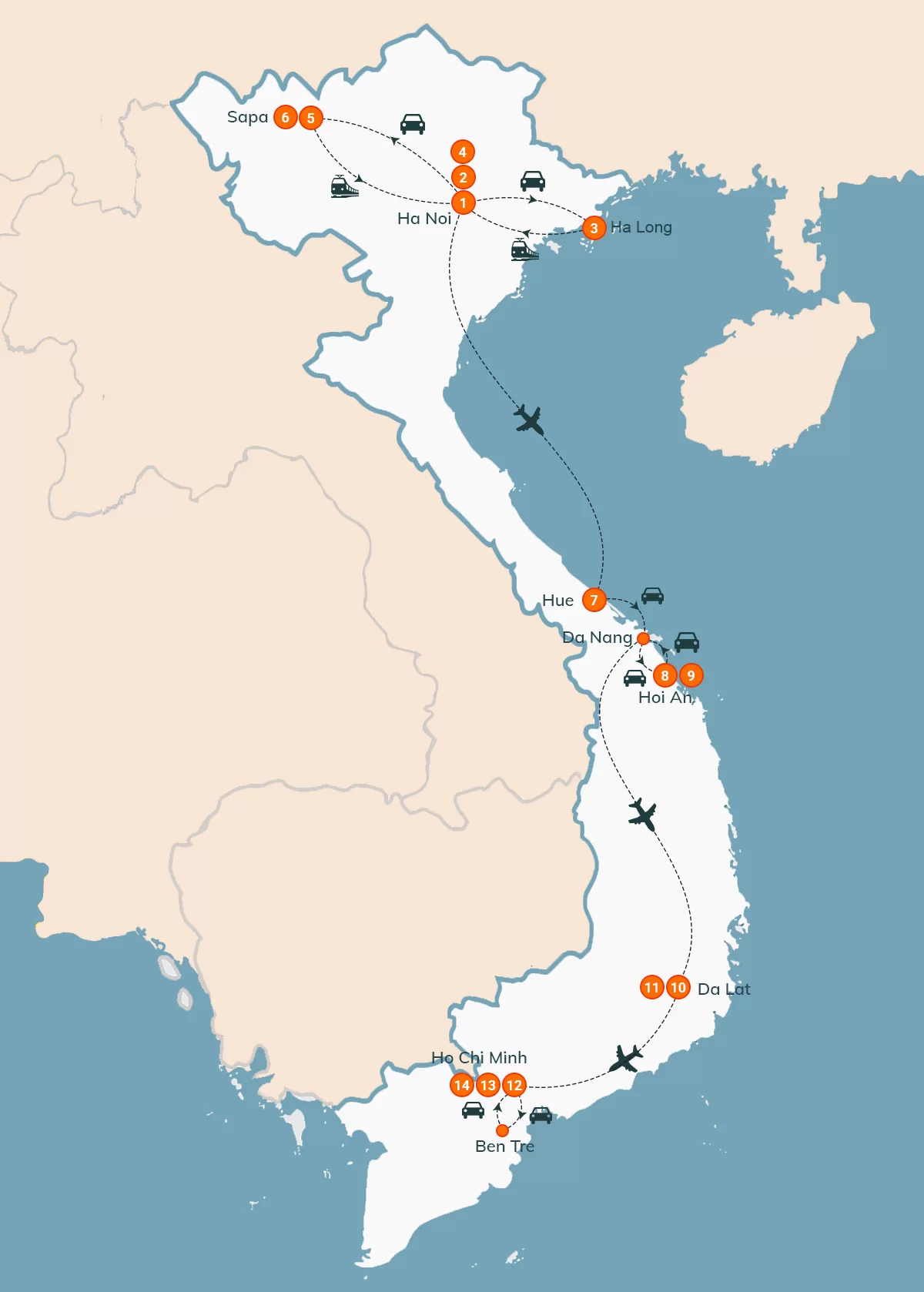 map Vietnam en liberté 14 jours