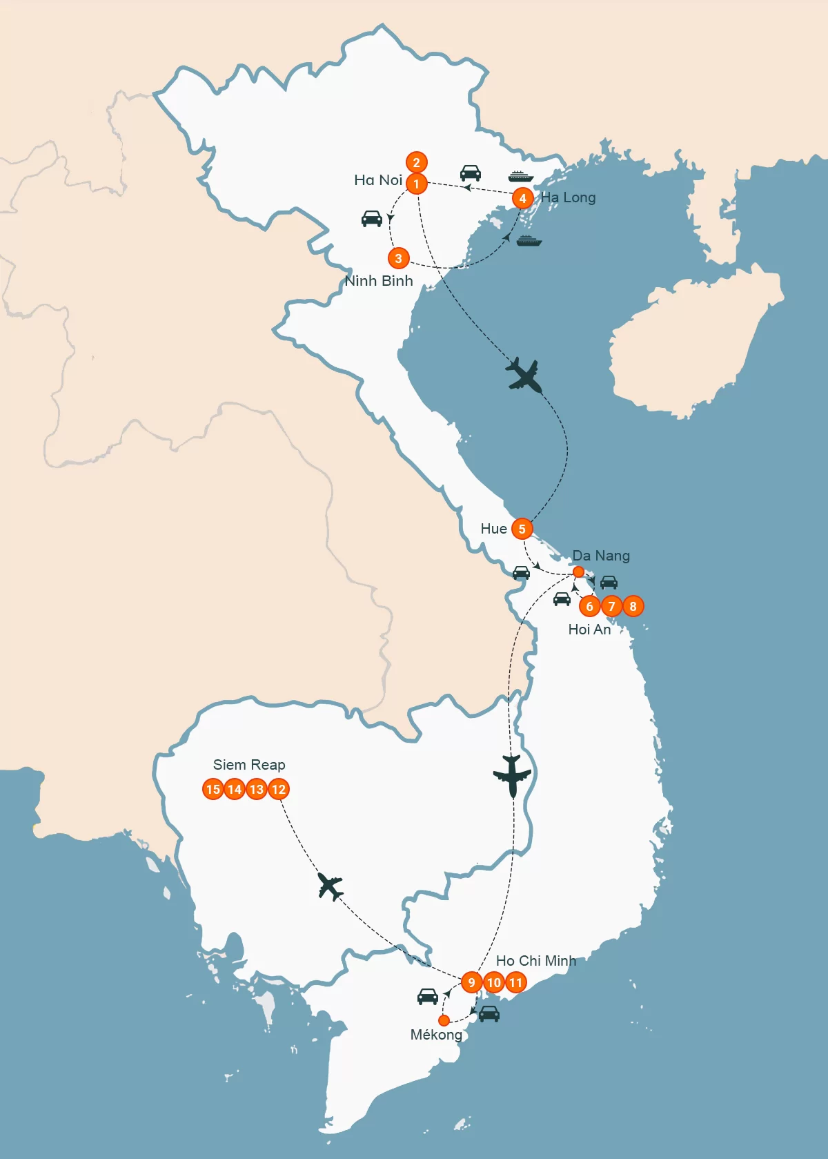 map Découverte du Vietnam et du Cambodge 15 jours