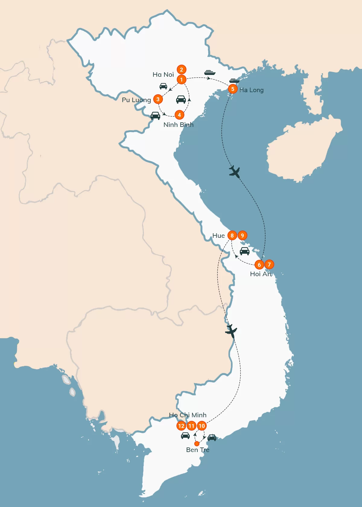 map Premier voyage au Vietnam 12 Jours